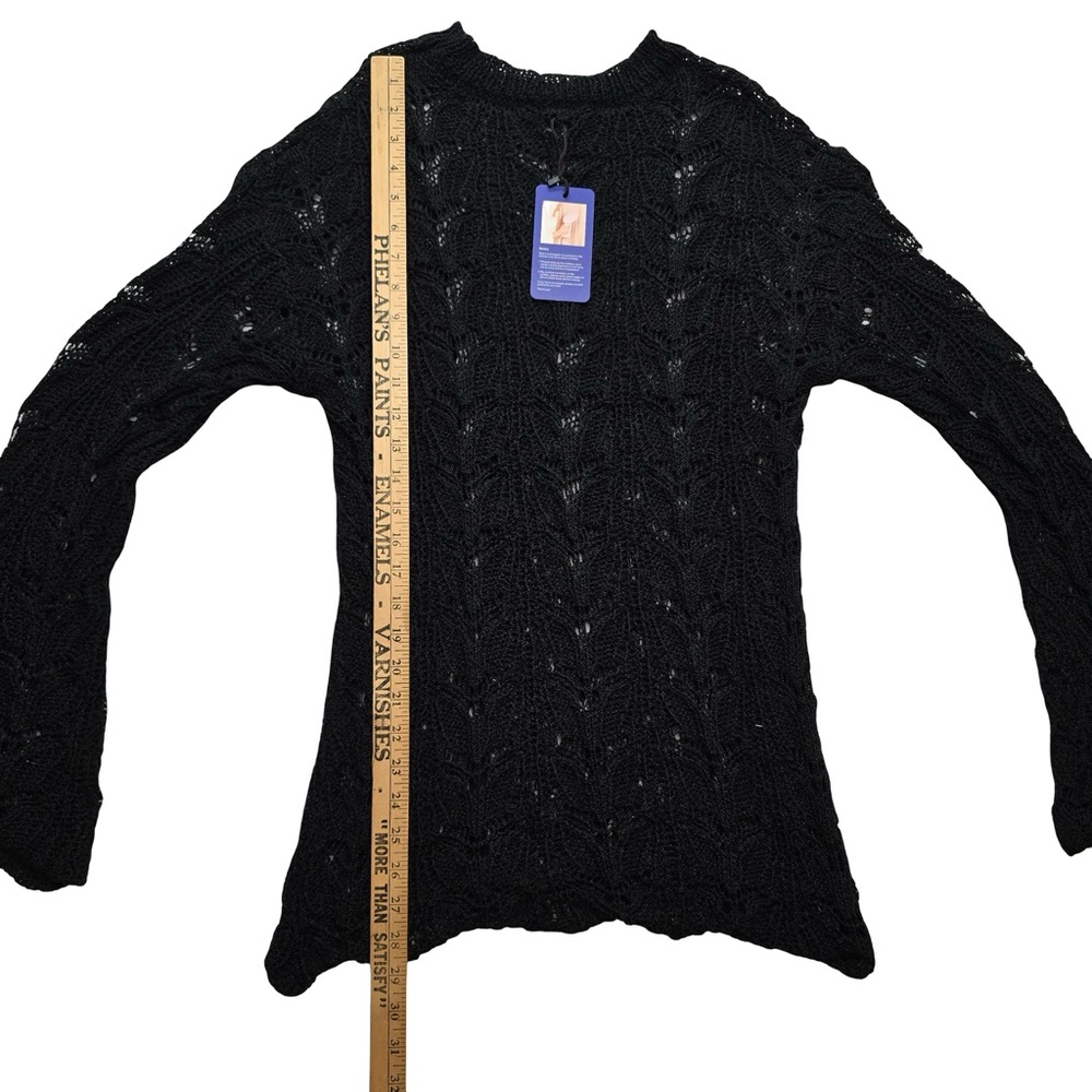 Black Knit Sweater Open Weave Long Sleeve Women’s M - Picture 3 of 7